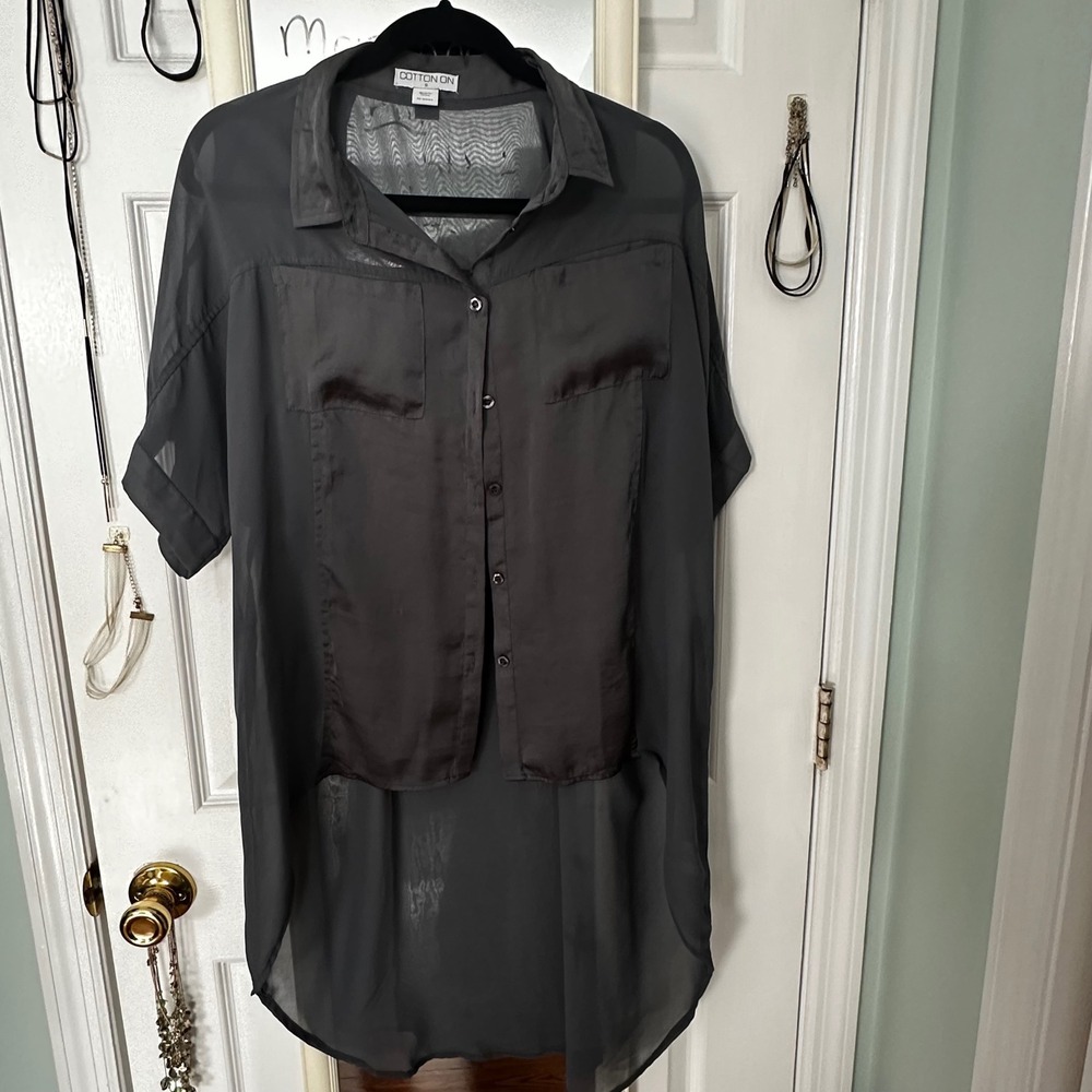 Cotton On Sheer Oversized‎ Button Down Shirt Dark Gray High Low Tunic Top Size S